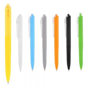 Bolígrafo de plástico con clip transparente y mecanismo de click.